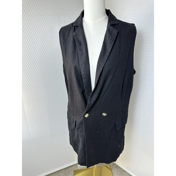 Halston Vest Black Button Pockets Linen Blend Collared large - Picture 7 of 11